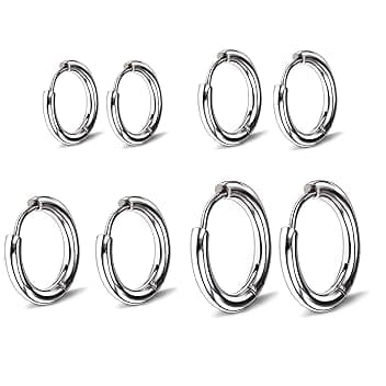 LONSVTTU 4 paia di orecchini Argento a cerchio per uomini e donne, leggeri, cartilagine, ipoallergenico, 8-14 mm, Acciaio Inossidabile Piccoli