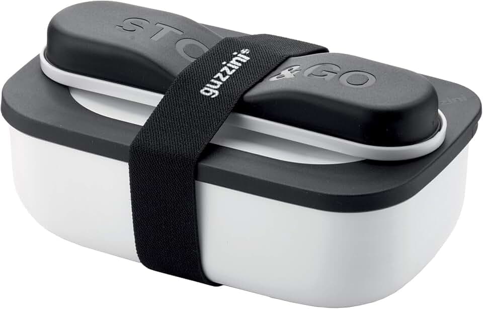 Guzzini Store On The Go Store&Go Set Lunch Box con Posate da Viaggio, 20 x 12 x h7 cm, 900ml-Bianco, Polipropilene, Thermo Poli Rock, Stainless Steel, Bianco, 02