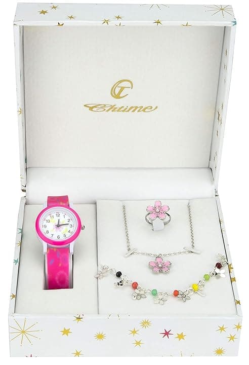 BELLOS Cofanetto Orologio Ragazza Rosa- Parure di gioielli Marguerita- Collana-Anello- Cinturino