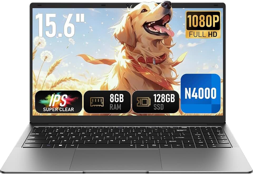 PC Portatile 15,6 Pollici,FHD 1920×1080,Computer Portatile Processore Celeron N4000, Notebook 8GB RAM 128GB SSD, Win 11, Apertura Schermo 180°, WiFi 5, Bluetooth 4.2, Porte USB 3.0,Mini HDMI