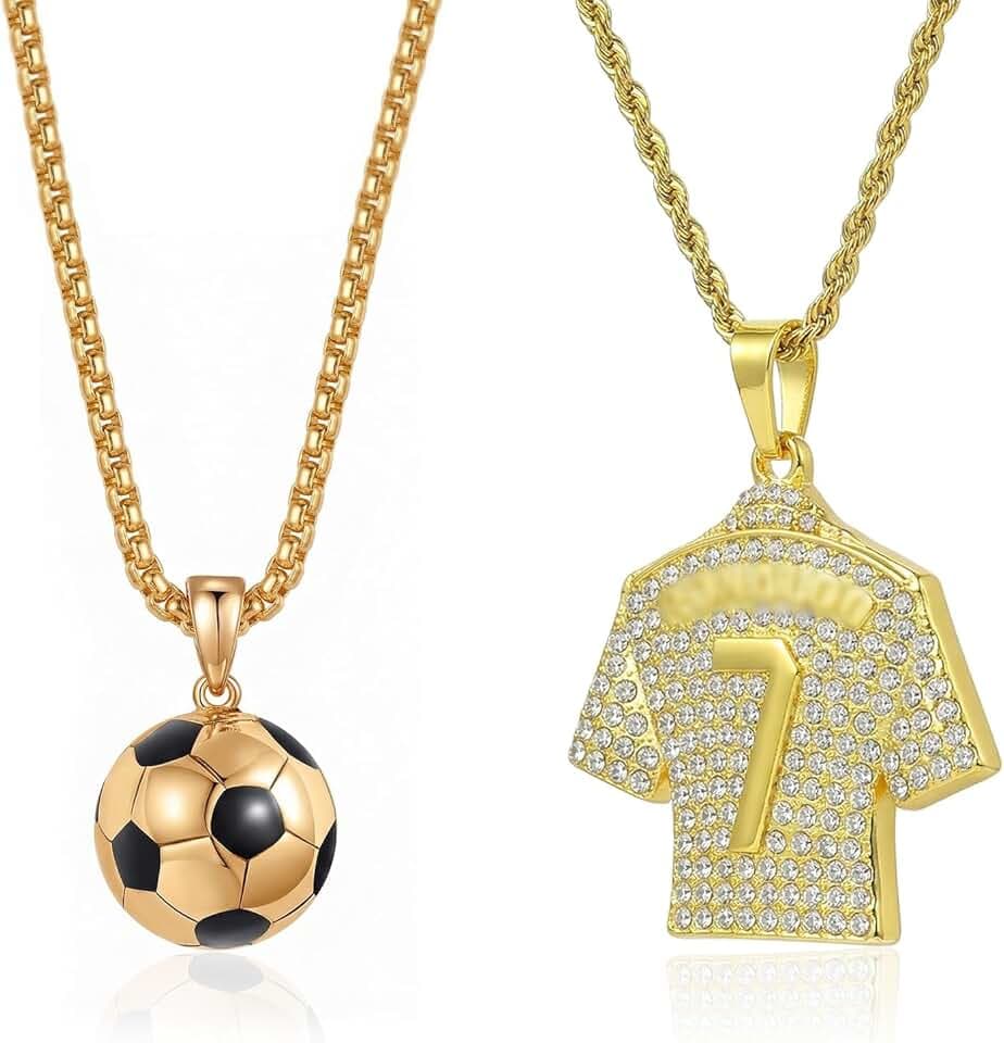 JYXNU 2 Pezzi Collana Calcio per Bambino e Ragazzo, Pendente Maglia Numero 7 e Pallone da Calcio 3D, Collana in Acciaio Inossidabile Oro, Catena 60cm, Regalo Sportivo Hip Hop per Tifosi