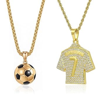 JYXNU 2 Pezzi Collana Calcio per Bambino e Ragazzo, Pendente Maglia Numero 7 e Pallone da Calcio 3D, Collana in Acciaio Inossidabile Oro, Catena 60cm, Regalo Sportivo Hip Hop per Tifosi