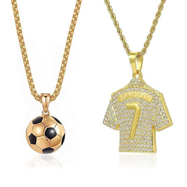 JYXNU 2 Pezzi Collana Calcio per Bambino e Ragazzo, Pendente Maglia Numero 7 e Pallone da Calcio 3D, Collana in Acciaio Inossidabile Oro, Catena 60cm, Regalo Sportivo Hip Hop per Tifosi