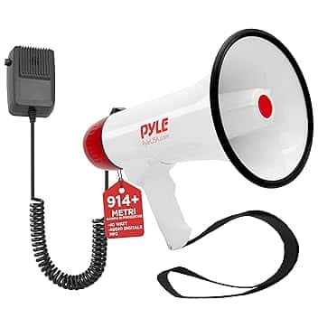 Pyle Megafono, Megafono Portatile, Batteria Ricaricabile Integrata, Ingresso Aux (3,5 mm) per MP3/Musica, Sirena di Allarme Unisex Adulto, Bianco, 0.35 kg