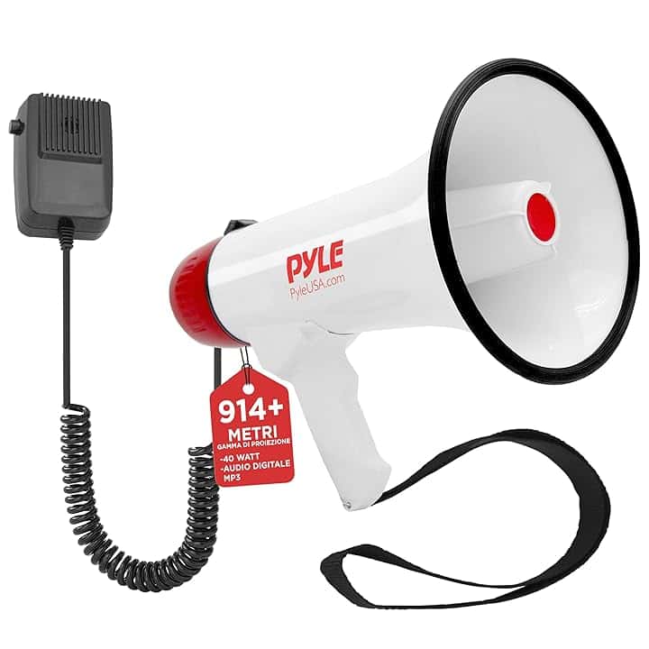 Pyle Megafono, Megafono Portatile, Batteria Ricaricabile Integrata, Ingresso Aux (3,5 mm) per MP3/Musica, Sirena di Allarme Unisex Adulto, Bianco, 0.35 kg