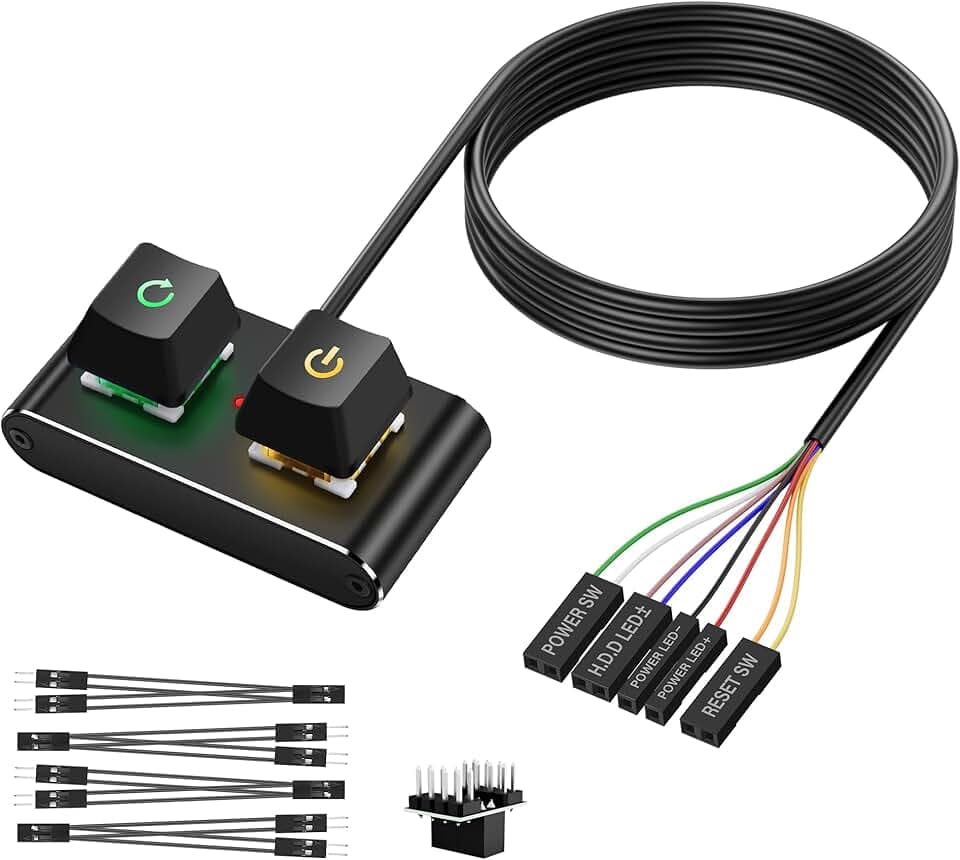 SinLoon Interruttore Alimentazione Esterno PC/ATX con LED RGB & Spia Attività HDD - Cavo Interruttore da 2M/6.5FT con Pulsanti Accensione/Spegnimento/Reset per Scheda Madre(Custodia Metallica)