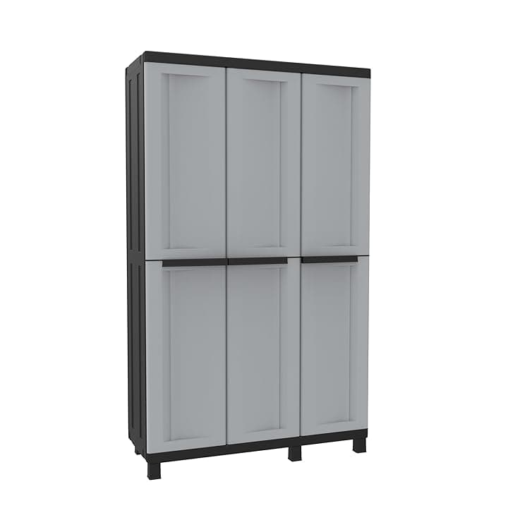 Terry - Twist Black 102a, Armadio Multifunzione a 3 Ante, Portascope con 2 Vani Separati, da Esterno e Interno Coperto, in Plastica, 102x39x170 cm