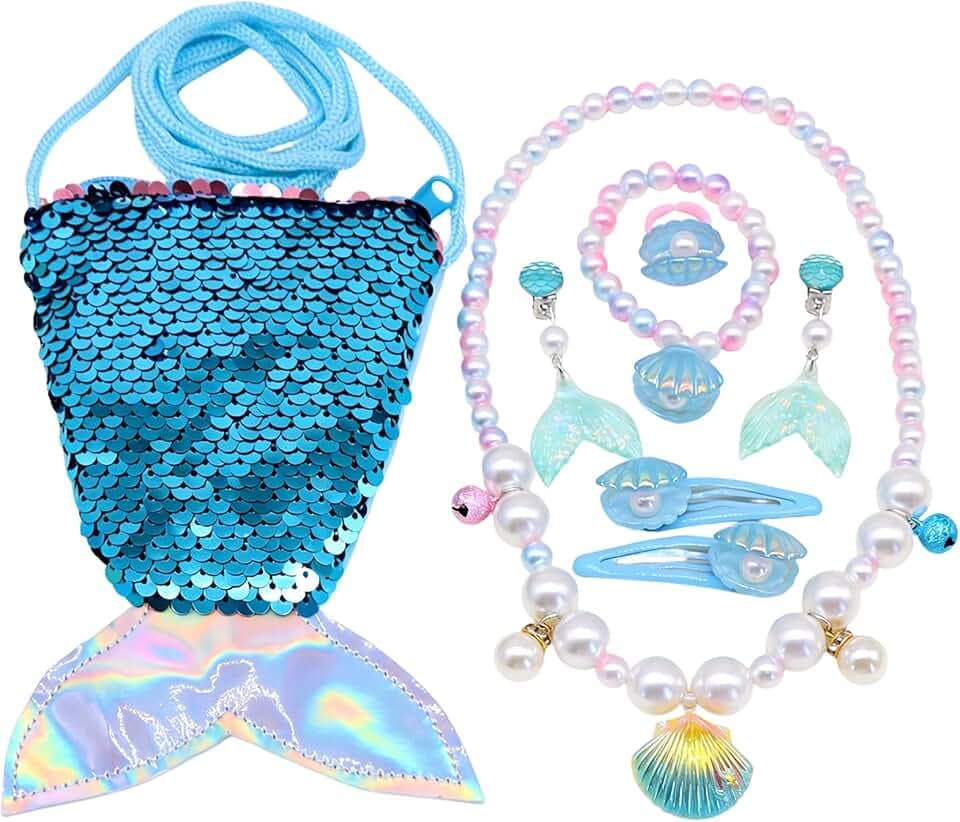 GWEOR 7 Pezzi Set di Gioielli Sirena per Bambina, Borsa Pinna Sirena, Collana, Orecchini, Bracciali, Anelli e Molletta, Regalo Compleanno, Festa e Natale, blu
