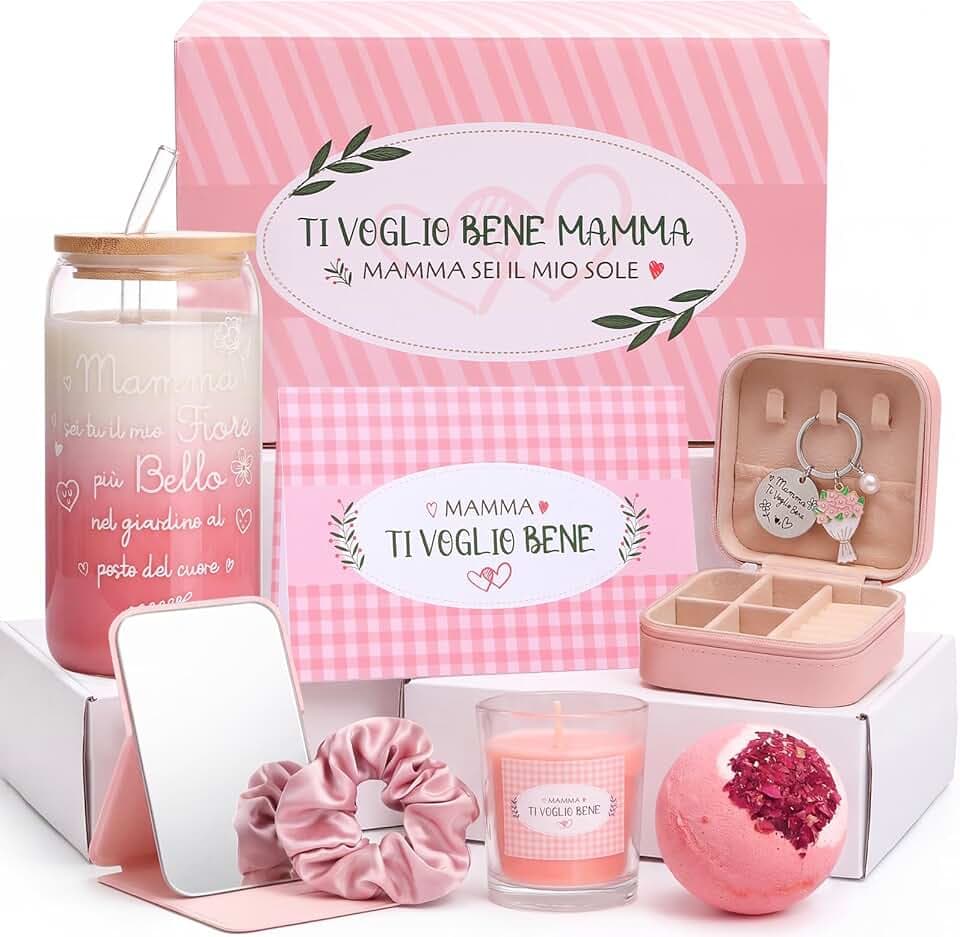 LEMESO Regalo Festa della Mamma Set Regalo Mamma 8pz con Bicchiera Cristallo Candele Bomba da Bagno Portachiavi Portagioie Specchio Biglietto Originale per Compleanno Natale