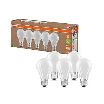 OSRAM Lampade LED ad alta efficienza con classe di efficienza energetica A, Confezione vantaggiosa con 5 lampadine, sostituzione 60W, bianco caldo (2700K), E27, vetro opaco Etichetta Energetica