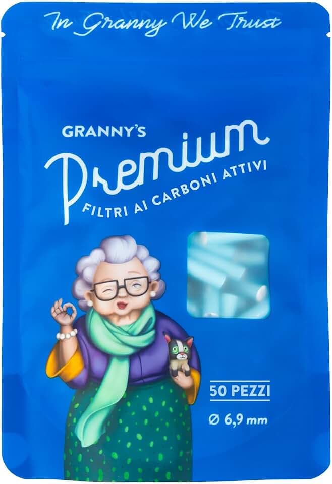 Granny's® Deluxe Set – 50 Filtri a Carbone Attivo Ø 6,9 mm | Filtro Ibrido con 2 Cappucci in Ceramica | Sistema Anti-Intasamento | Carbone Attivo di Cocco | Granny's Filter