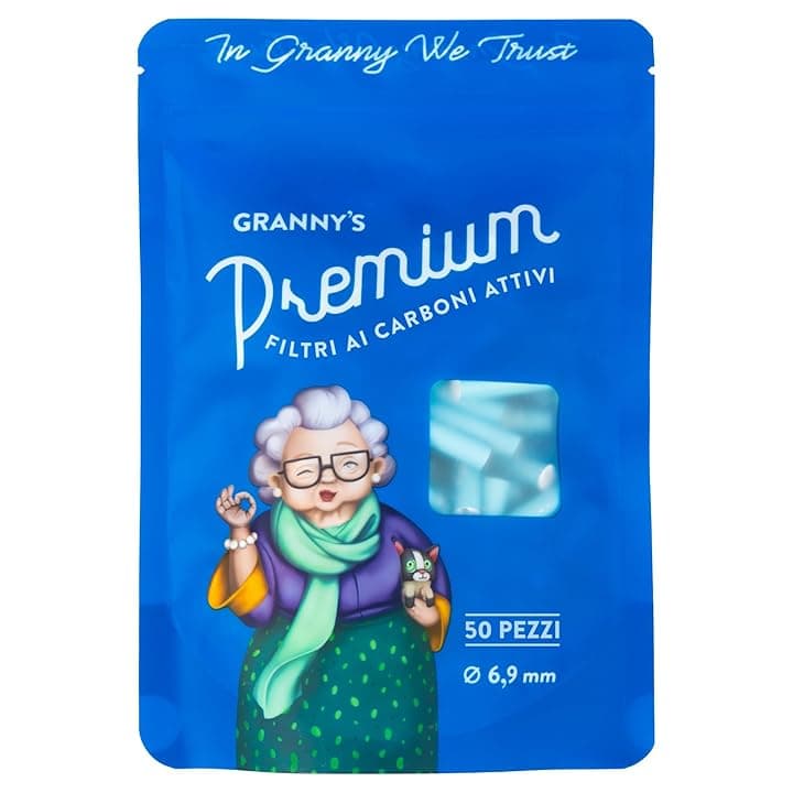 Granny's® Deluxe Set – 50 Filtri a Carbone Attivo Ø 6,9 mm | Filtro Ibrido con 2 Cappucci in Ceramica | Sistema Anti-Intasamento | Carbone Attivo di Cocco | Granny's Filter