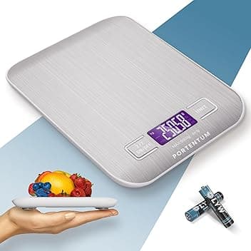 PORTENTUM Bilancia da cucina con display LCD, acciaio inossidabile, bilancia multifunzione per alimenti 5 kg/11 libbre, argento