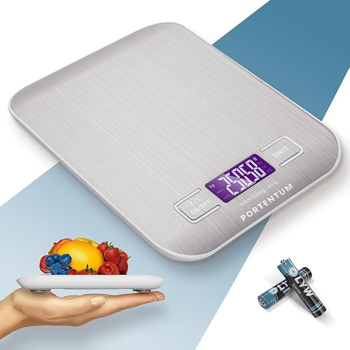 PORTENTUM Bilancia da cucina con display LCD, acciaio inossidabile, bilancia multifunzione per alimenti 5 kg/11 libbre, argento