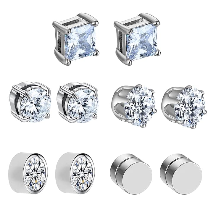 Leikedun 5 Paia Orecchini Magnetici 6mm per Uomo e Donna - Orecchini Finti Non Piercing con Zirconi Brillanti, Anallergici in Acciaio Chirurgico al Titanio - Regali Compleanno Natale