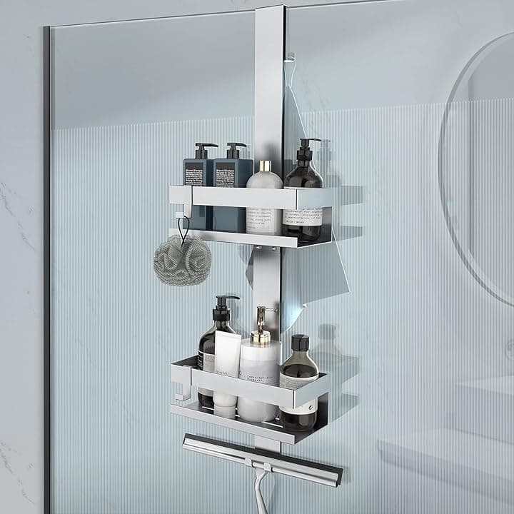 Mensola Doccia da Appendere, Porta Bagnoschiuma da Doccia in SUS304 Acciaio Inox da Appendere al Porte Doccia in Vetro, Argento (Doppio strato argento)