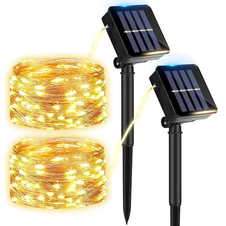 Kasanni 2 Pacchi Luci Solari Esterno, 12m 120 LED Luci Solari Esterno 8 Modalità Impermeabili Filo di Rame Led Lucine Esterno Energia Solare Decorative per Giardino, Natale, Festa (luce calda)
