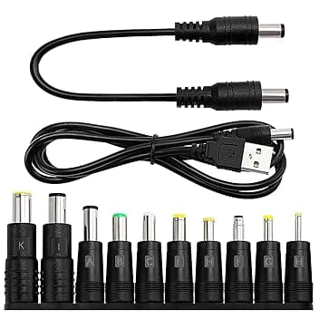 10 in 1 Adattatore di Alimentazione DC Universale, KUOQIY 5.5x2.1 mm Femmina a Maschio Adattatore Jack Connettore, DC Barrel Connettore Tips con 2 Pezzi Cavo, per Ventilatori, Router