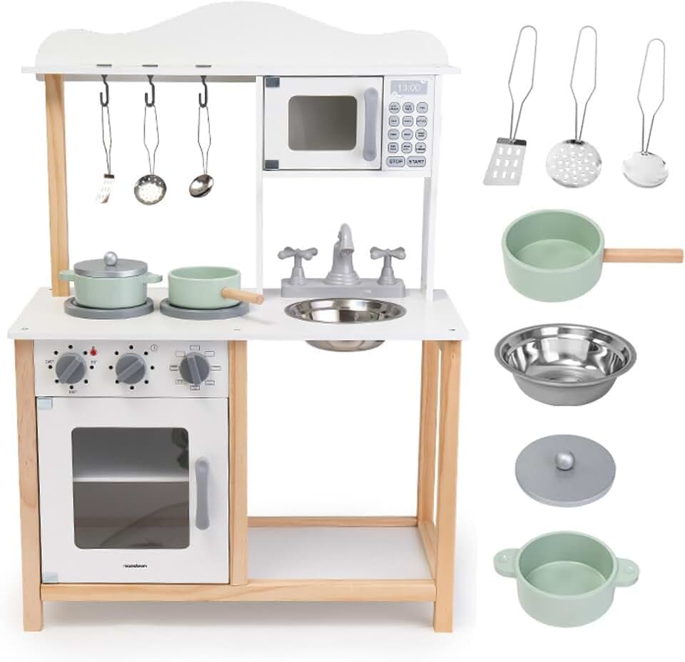 Mamabrum Cucina Giocattolo per Bambini in Legno - Cucina Completa con Forno, Microonde e Lavello - Set Montessori con Accessori e Suoni Meccanici per Bimbi da 3 Anni