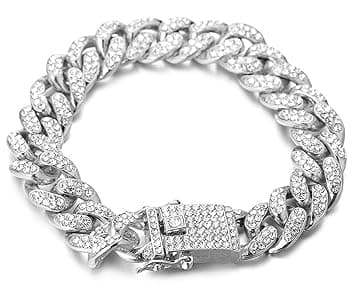 HALUKAKAH Diamante Catena Cubana per Ragazzo,14MM Ragazzi Oro Reale 18k /Platino Placcato in Oro Bianco Collana Braccialetto Diamanti da Laboratorio Set a Mano 8-15 Y/O.con Pacco Regalo Gratuita