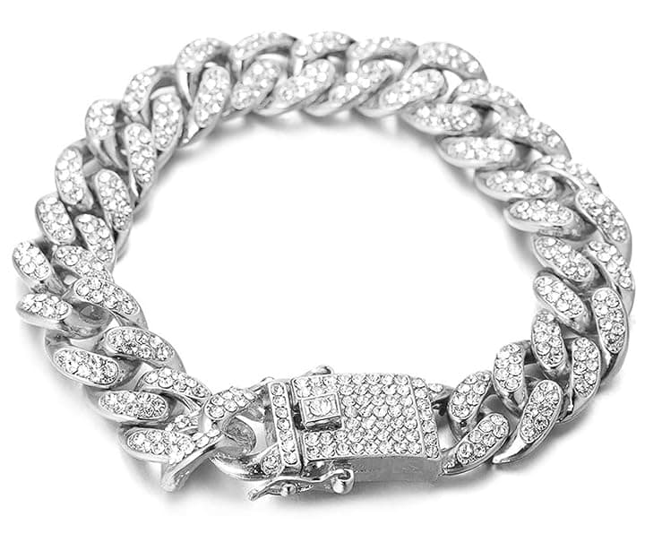 HALUKAKAH Diamante Catena Cubana per Ragazzo,14MM Ragazzi Oro Reale 18k /Platino Placcato in Oro Bianco Collana Braccialetto Diamanti da Laboratorio Set a Mano 8-15 Y/O.con Pacco Regalo Gratuita
