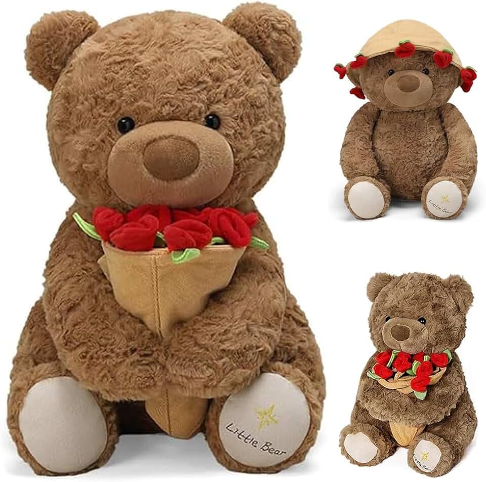 Orsacchiotto Peluche con Rosa, 30CM Orsacchiotto Peluche, Orso Di Peluche Per San Valentino, Teddy Bear Peluche, Orsacchiotto con Bouquet di Rose, Regalo per Compleanno, San Valentino, Natale (M2)