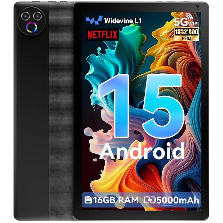Tablet 10 pollici Android 15 Tablet, 16GB RAM 1TB TF丨5G WiFi丨BT5.4, Android Tablet con Doppio Fotocamera, Batteria 5000mAh, GMS Widevine L1 (Nero)