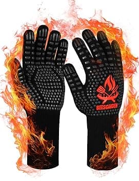 Guanti Barbecue da Forno Resistenza al Calore Fino a 800°C, Silicone Antiscivolo Superficie, Accessori BBQ Ingnifughi per Griglia, Camino, Cottura al Forno, Cucina (Nero, X/XL/XXL)
