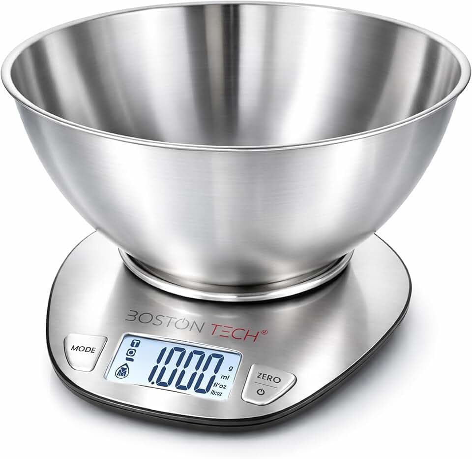 Bilancia da Cucina Digitale 5kg Acciaio Inossidabile con Ciotola Rimovibile, Alta Precisione, Display LCD Retroilluminato, Funzione Tara, Impermeabile, Ricettario Incluso, Boston Tech