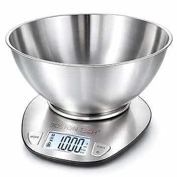 Bilancia da Cucina Digitale 5kg Acciaio Inossidabile con Ciotola Rimovibile, Alta Precisione, Display LCD Retroilluminato, Funzione Tara, Impermeabile, Ricettario Incluso, Boston Tech