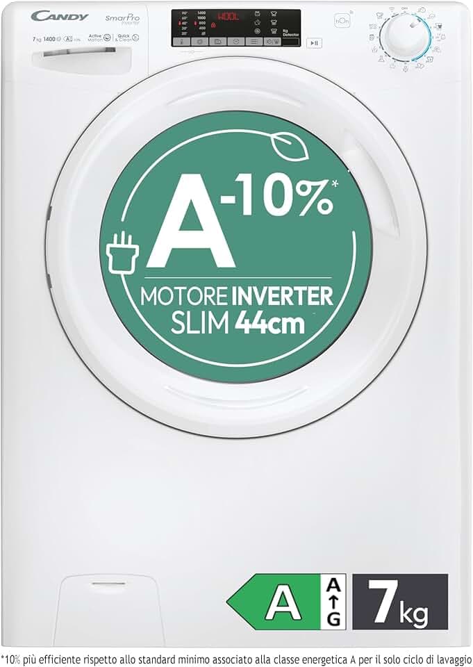 Candy Smart Pro Inverter Lavatrice SLIM 7 kg Carica Frontale, 85 x 60 x 45,4 cm (A x L x P), Motore Inverter Speed‑Drive, Wi‑Fi + Bluetooth, Classe Energetica A – CO4474TWM6/1‑S Etichetta Energetica