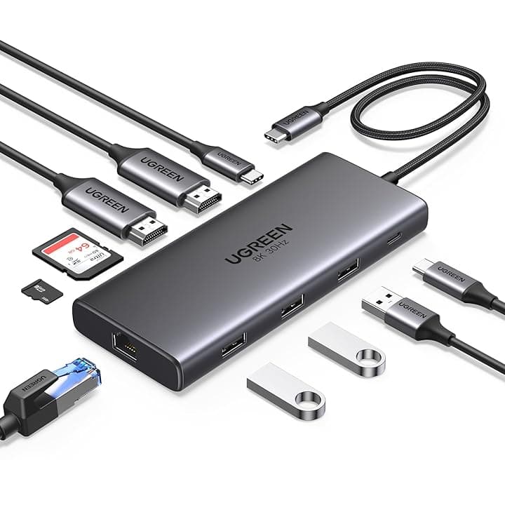 UGREEN Revodok Pro 210 Docking Station USB C 10 In 1 Doppio HDMI 8K30Hz 4K60Hz Hub USB Adattatore Type C Ethernet Gigabit Dock Station, PD 100W,SD TF,Compatibile con Windows 11 10 MacBook M4 M3 M2 M1 ClimatePartner certified