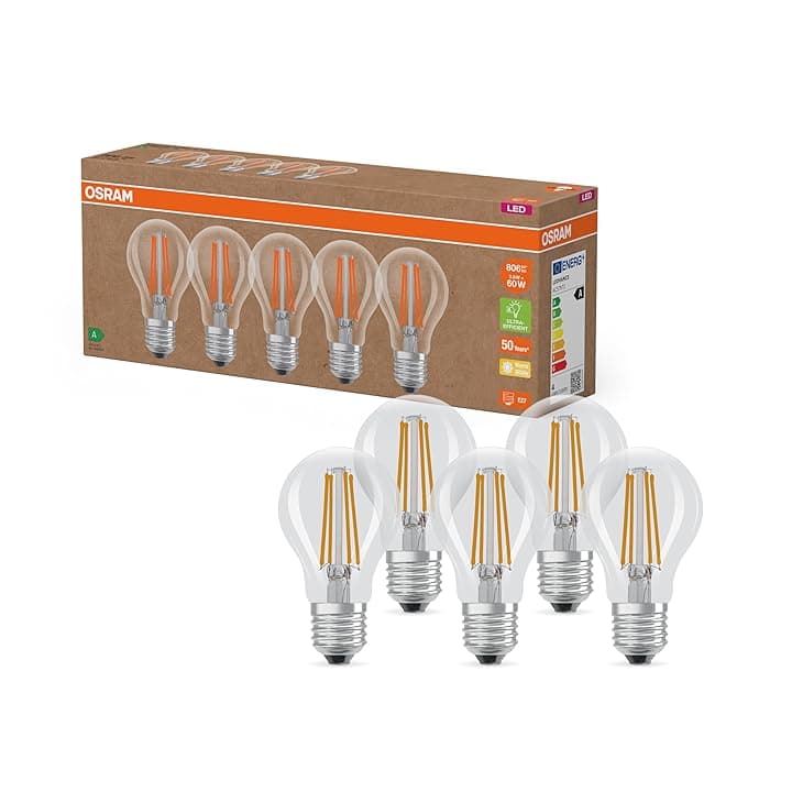 OSRAM Lampade LED ad alta efficienza con classe di efficienza energetica A, Confezione vantaggiosa con 5 lampadine, sostituzione 60W, bianco caldo (2700K), E27, vetro a filamento Etichetta Energetica