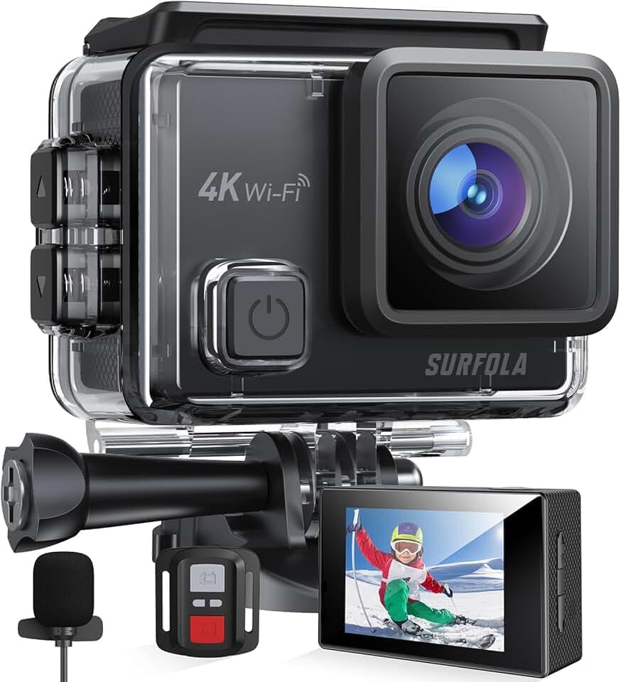 Surfola Action Cam 4K Subacquea 40M, WiFi Videocamera EIS, Fotocamera per Casco, 170° Grandangolare Time-Lapse, Mic Esterno, Telecomando2.4G, 2x1050mAh Batterie