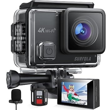 Surfola Action Cam 4K Subacquea 40M, WiFi Videocamera EIS, Fotocamera per Casco, 170° Grandangolare Time-Lapse, Mic Esterno, Telecomando2.4G, 2x1050mAh Batterie