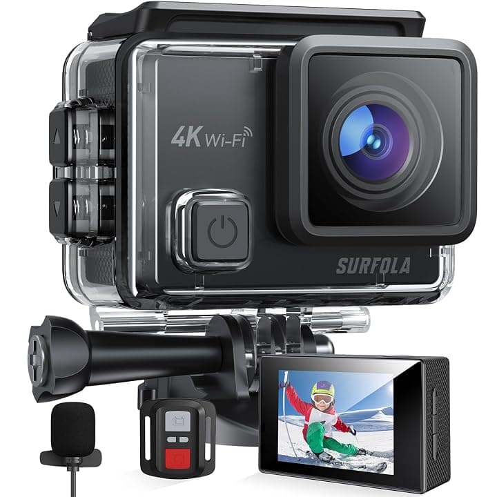 Surfola Action Cam 4K Subacquea 40M, WiFi Videocamera EIS, Fotocamera per Casco, 170° Grandangolare Time-Lapse, Mic Esterno, Telecomando2.4G, 2x1050mAh Batterie
