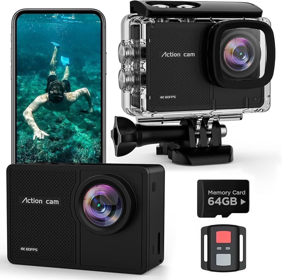 4K 60FPS Action Cam, 40M Fotocamera Subacquea con scheda SD da 64 GB, 48MP HD WIFI Videocamera con Telecomando,EIS Telecamera Sott'acqua,2x1350mAh Batterie e Accessori di Montagg