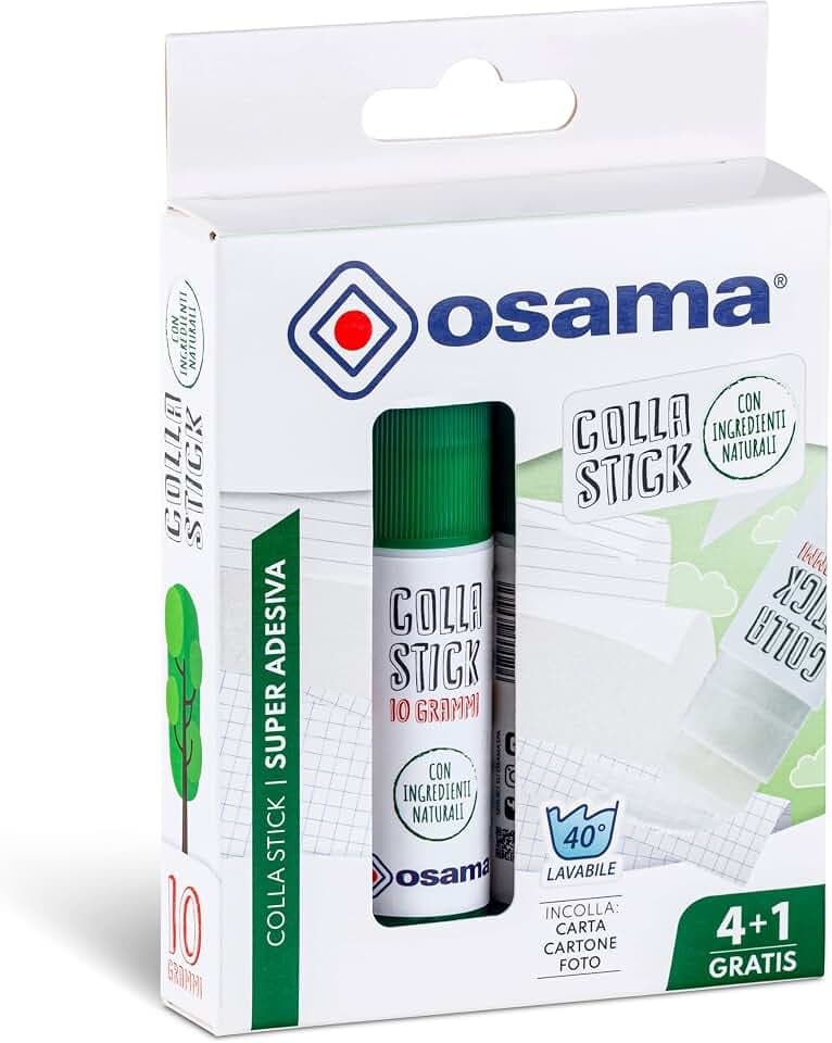 Osama - Colla Stick Extra Forte, 4 Pezzi + 1 Gratis, 10 gr - Set Colle Stick Ideale per Cancelleria Scuola, Ufficio e Università - Scorrevole, Resistente e Adatta ai Bambini, con Ingredienti Naturali