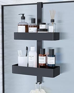 Kitsure Porta Sapone per Doccia - Porta Shampoo Doccia da Appendere Senza Foratura, Mensole Bagno a 2 Livelli, Struttura Antiruggine per Bagnoschiuma, Asciugamano, 29,1 x 11,2 x 55,3 cm, Nero