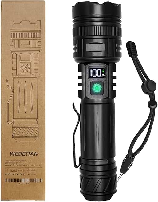 WEDETIAN Torcia LED Ricaricabile, 30000 Lumens Torcia LED Potente Professionale, 5 modalità Mini Torcia Tattica Militare, IP67 Impermeabile Flashlight per Campeggio Trekking Emergenza (1 pezzo)