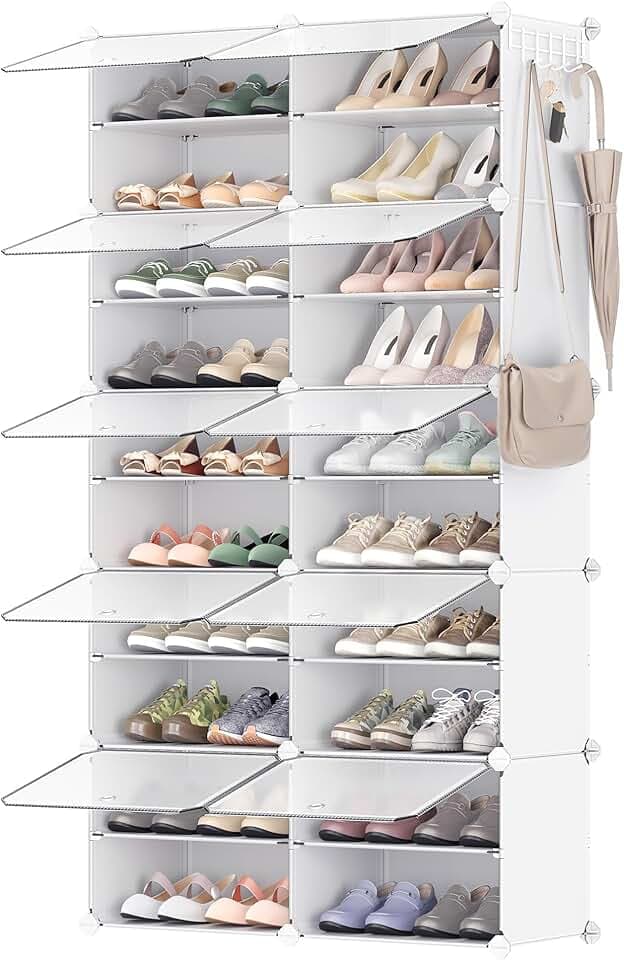 SONGMICS Scarpiera, Scaffale Modulare a 10 Scomparti per 40 Paia di Scarpe da Ingresso, con Sportelli, Telaio in Acciaio e Ripiani in Plastica, Camera da Letto, Bianco e Trasparente LPC035W01