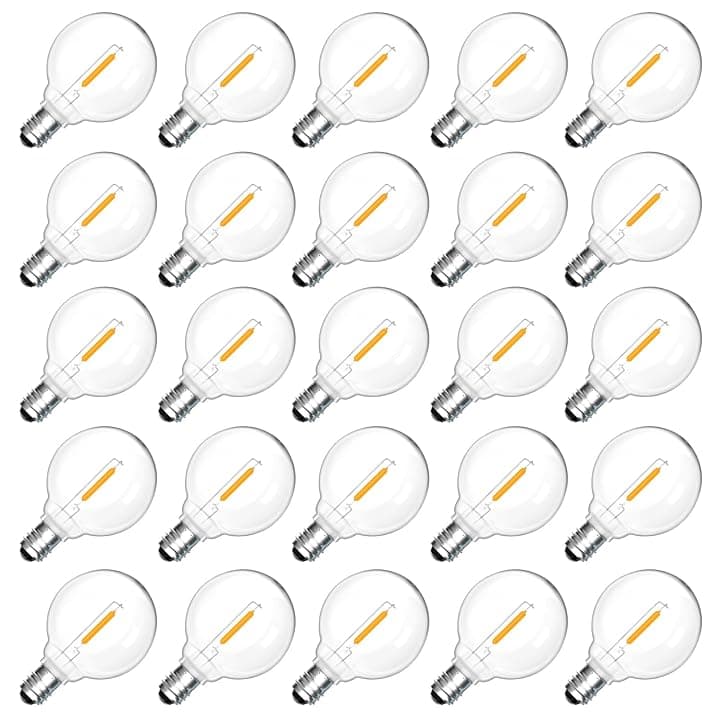 25 Pezzi Lampadina LED G40 E12 1W Esterno Ricambi, Bianco Caldo 2700K, 100LM, G40 LED Filamento Lampadina, Impermeabili IP54, Non Dimmerabile, per stringhe luminose Illuminazione interna ed esterna