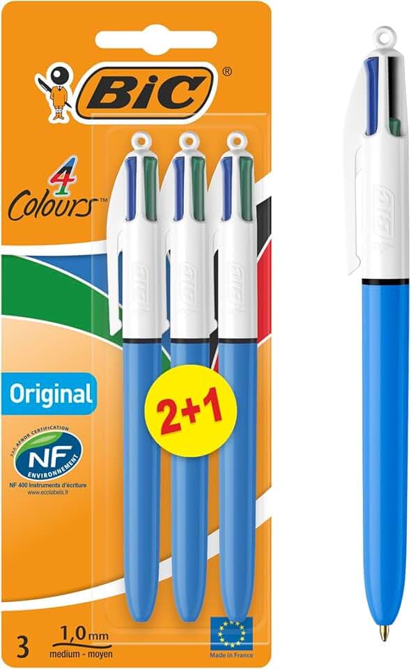 BIC 4Colori Original, Penne a Sfera a Scatto, Colorate, Punta Media (1 mm), Cancelleria Scuola e Ufficio, Set Penne 2+1 Unità