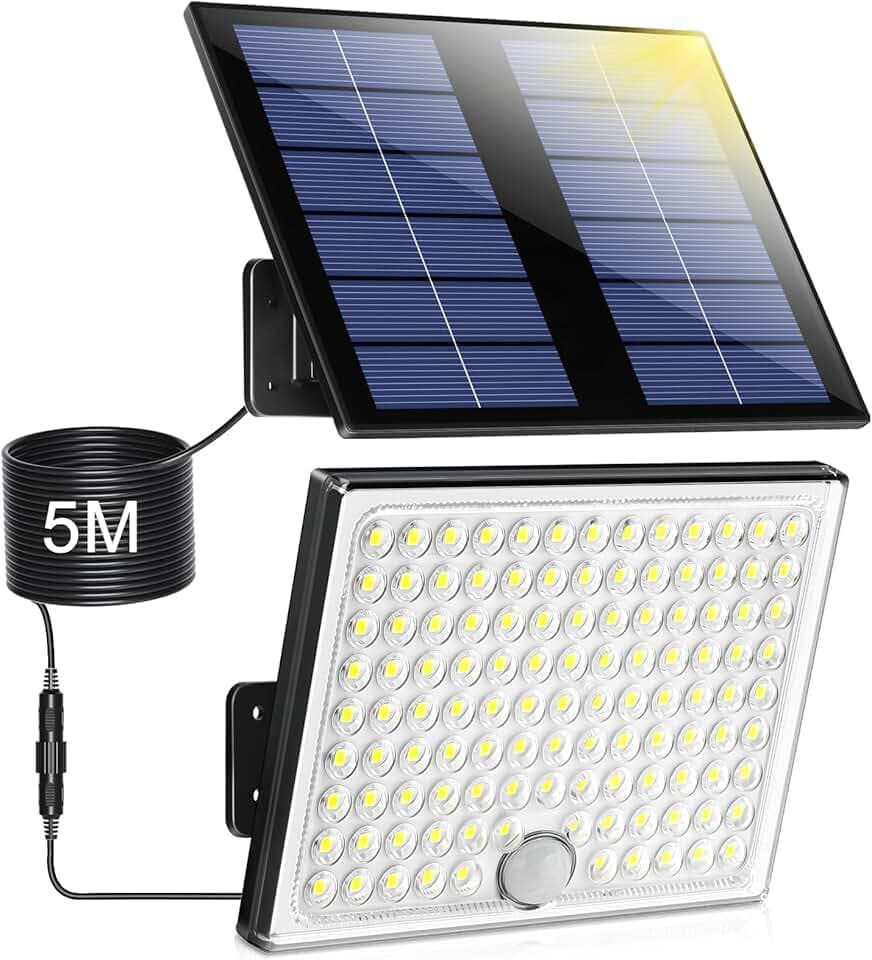 Lampada Solare da Esterno, Faretto Led da Esterno con Sensore di Movimento, Luce Solare Led Esterno con Pannello Solare, 113 LED 2000mAh 4 Modes Lampioni Luci Solari da Giardino con 5M Cavo, 1 Pezzo
