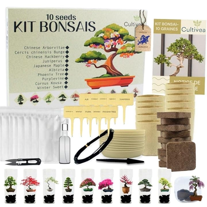 CULTIVEA® Kit Bonsai 10 Alberi da Coltivare – Bonsai Kit Completo per Principianti con Semi Rari, Vasi, Attrezzi e Guida – Kit Piante da Interno – Idee Regalo Giardinaggio e Amanti delle Piante
