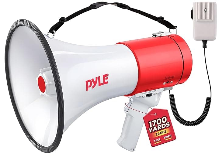 Pyle Megafono Portatile con Sirena Integrata, Megafono 50 Watt, Controllo Volume Regolabile e Funzione Registrazione, Ideale per Sport e Sicurezza