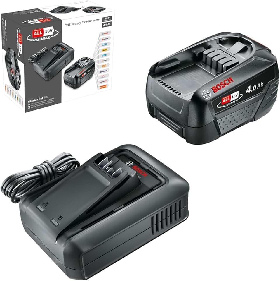 Bosch batteria e caricabatteria rapido Starter Set 18V (1 batteria al litio da 4,0 Ah; 1 caricabatteria rapido; POWER FOR ALL 18V Alliance)