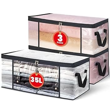 3 Pezzi Scatole per Vestiti Trasparenti 35L – Contenitori Pieghevoli con Cerniera e Manici – Organizer Salvaspazio per Armadio o Sotto Letto