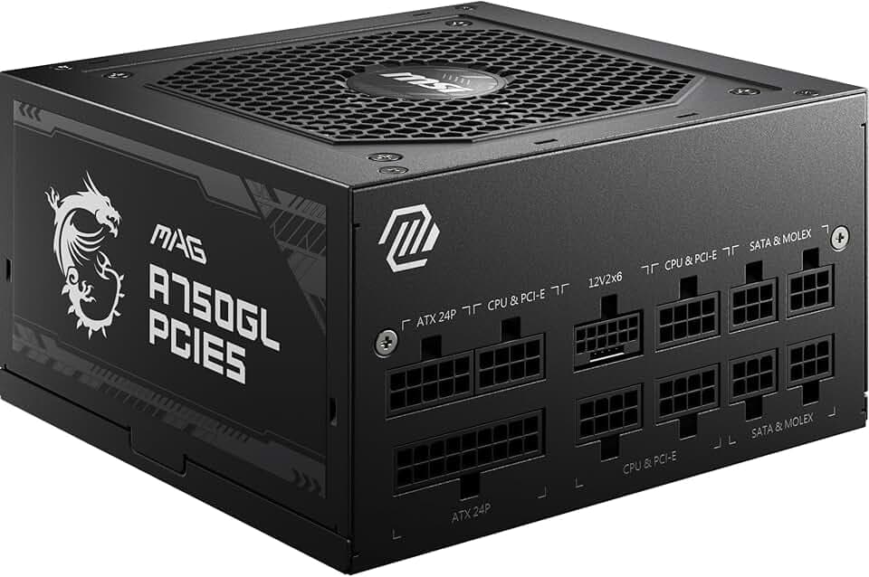 MSI MAG A750GL PCIE5 Power Supply Unit, 750W, 80 Plus Gold, Fully Modular, ATX 3.0, PCIe 5.0 GPU Support, 120mm FDB Fan, Full-Bridge LLC, Flat Black Cables - 7 Year Warranty