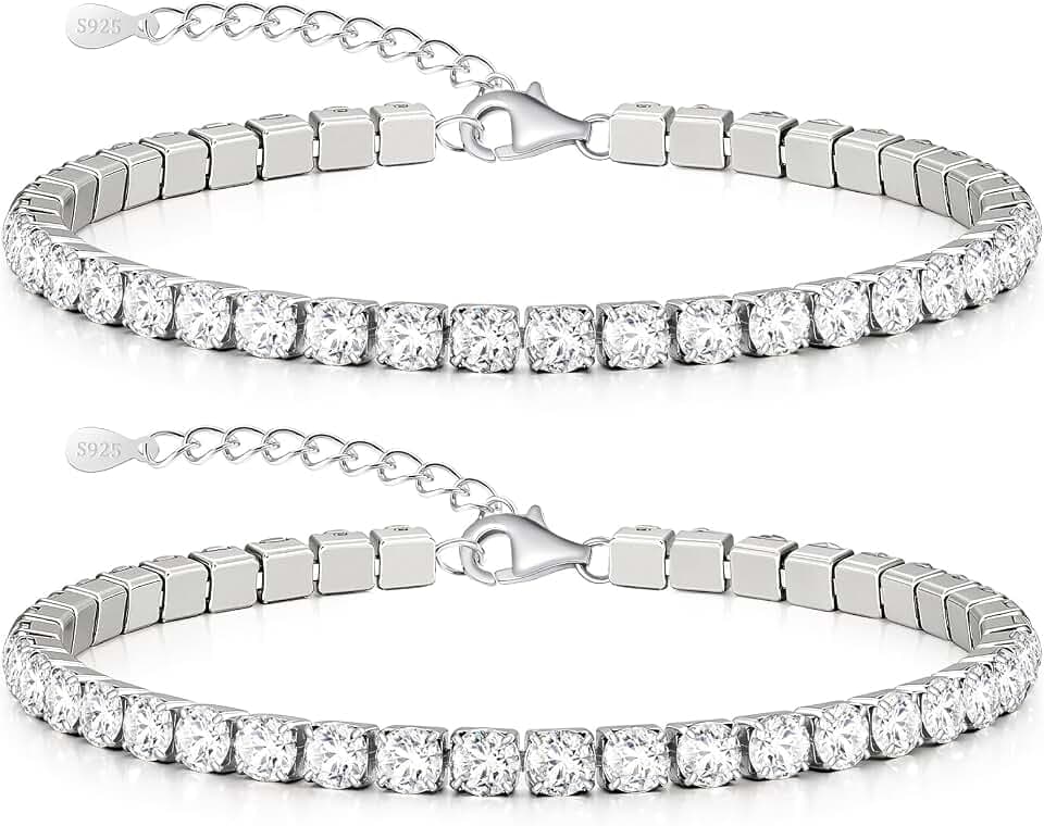 J.Fée 4MM Bracciale Tennis Uomo Argento 925 Braccialetti, 2 Pezzi Tennis Uomo Bracciale con Zirconi Cubici, Bracciali Ipoallergenico Sovrapponibili Braccialetto Regalo Per Uomini